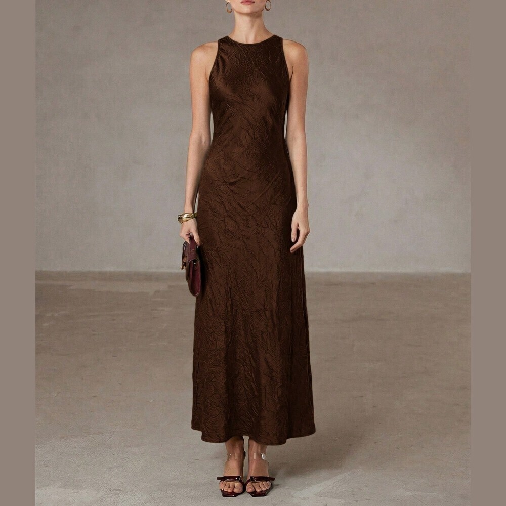 Chocolate Brown Satin Racerback Maxi Dress - Picture 2 of 7
